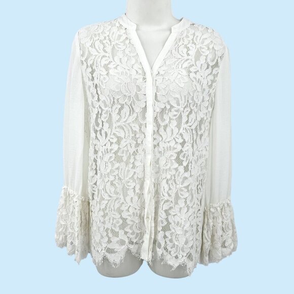Chico's Tops - CHICO'S LS LACE FRONT BELLE SLEEVE BUTTONDOWN BLOUSE TOP - SMALL, 0